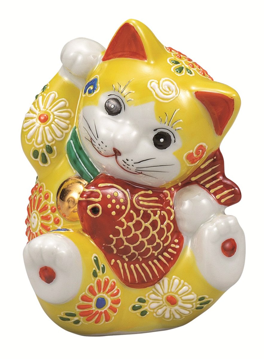 画像1: 九谷焼　3.8 号鯛招き猫・黄盛 (1)
