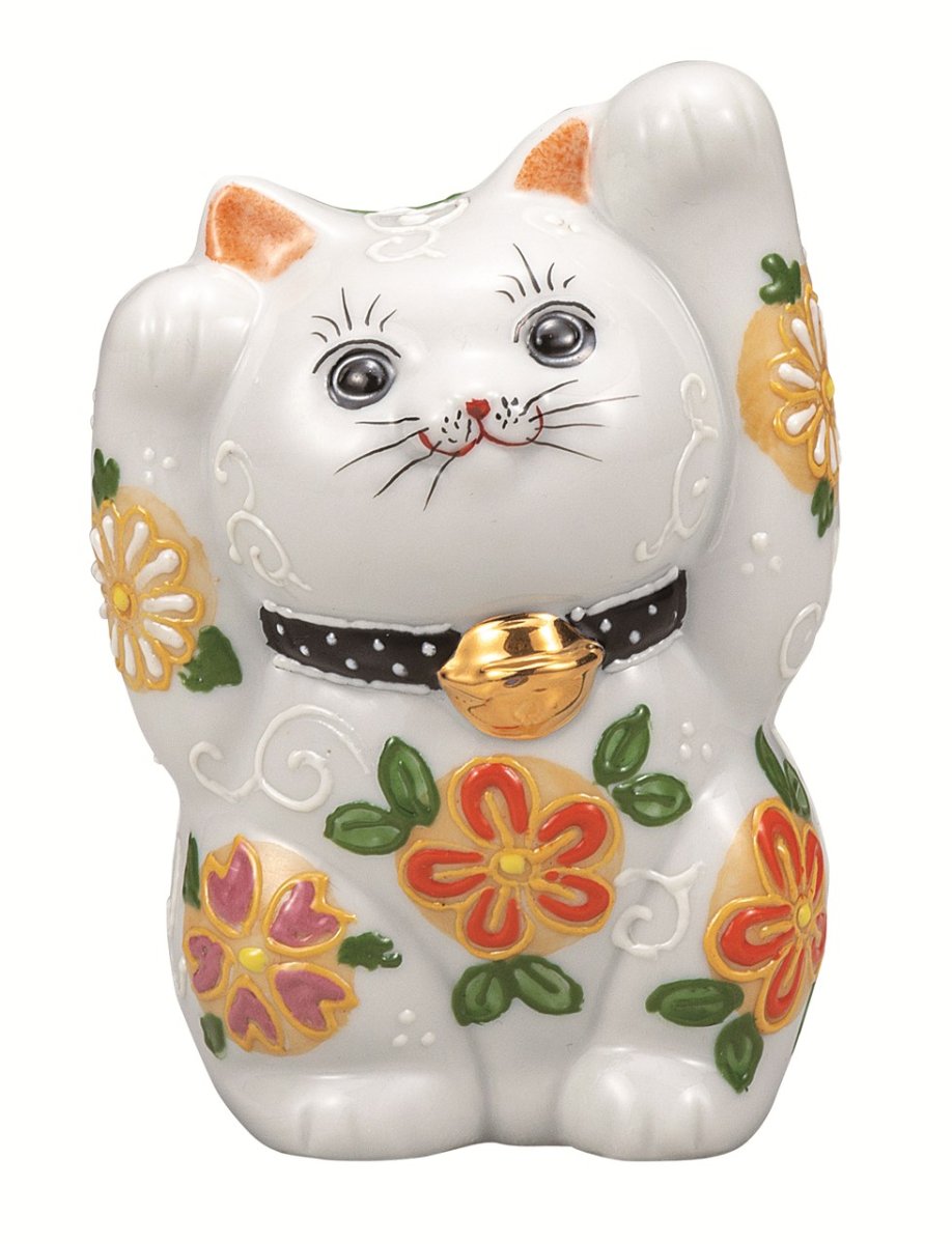 画像1: 九谷焼　4 号両手招き猫・花はな (1)