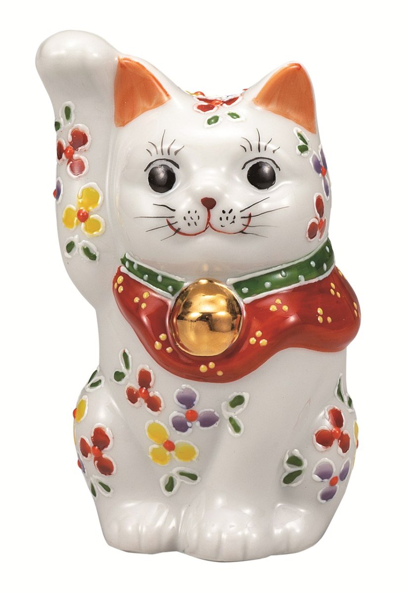 画像1: 九谷焼　4 号招き猫・小花 (1)