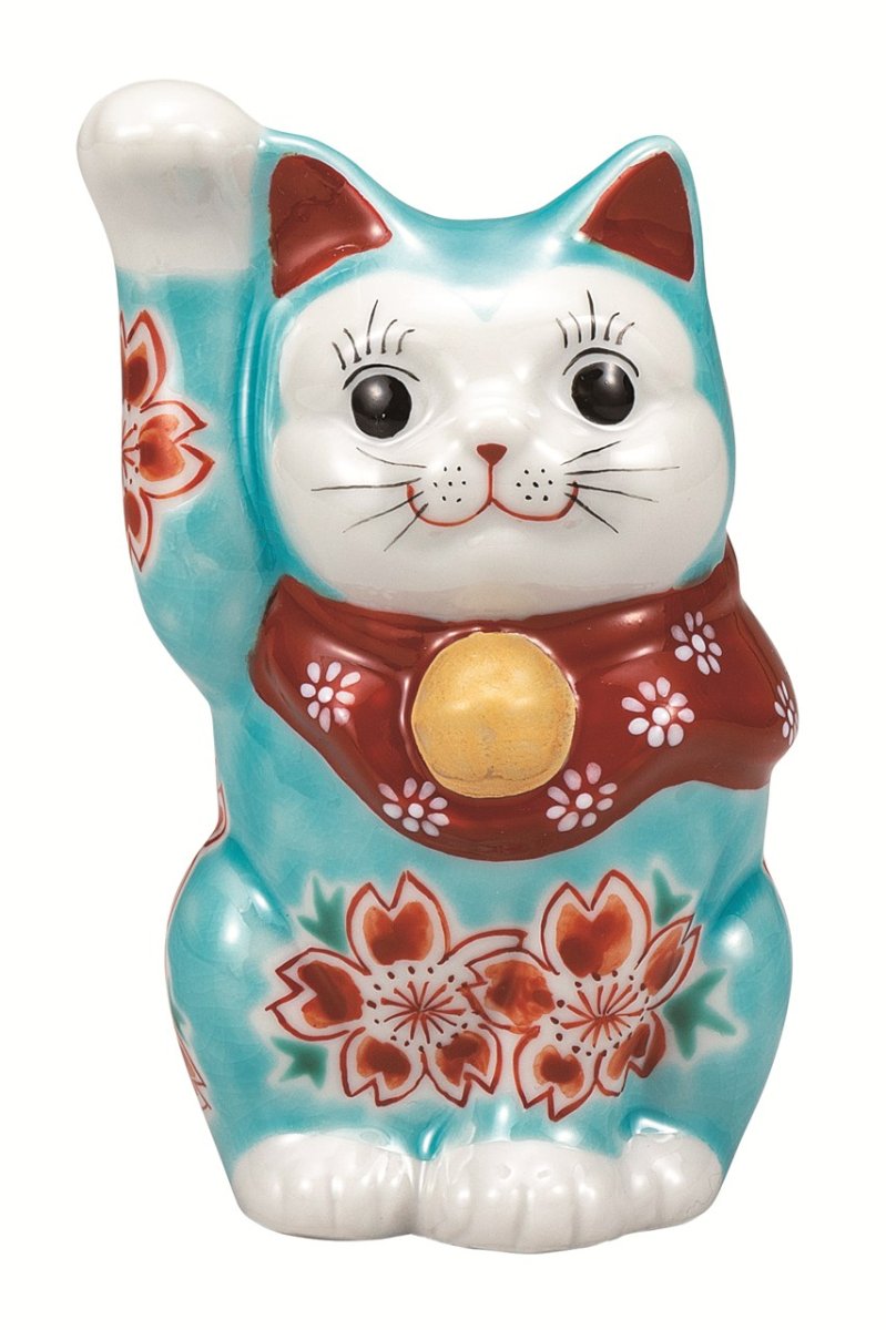 画像1: 九谷焼　4 号招き猫・トルコブルー釉桜 (1)