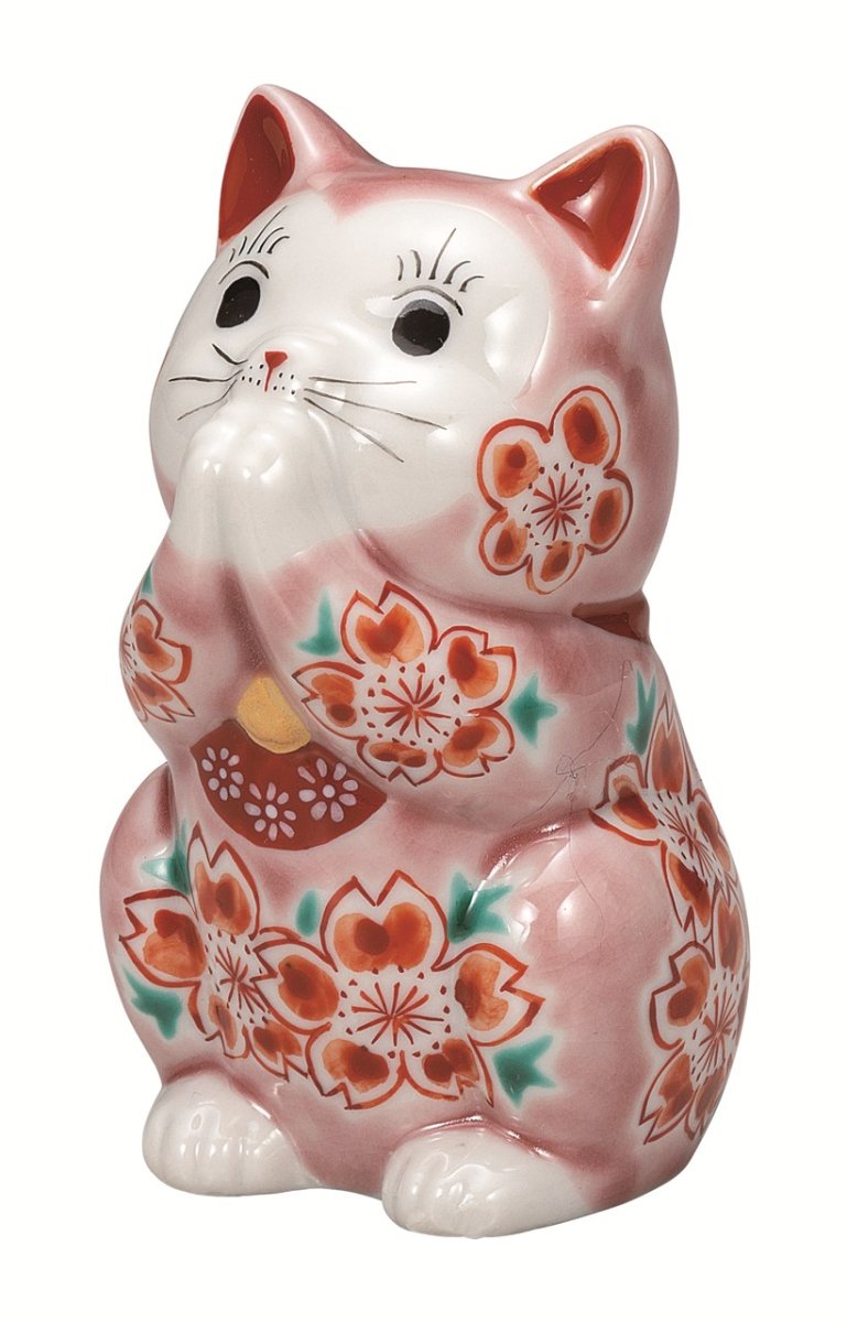 画像1: 九谷焼　3.2 号お祈り猫・ピンク釉桜 (1)
