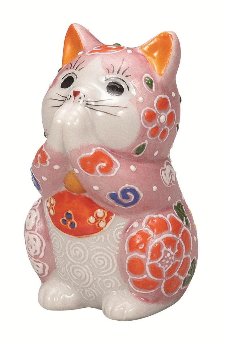 画像1: 九谷焼　2.7 号お祈り猫・桃盛 (1)